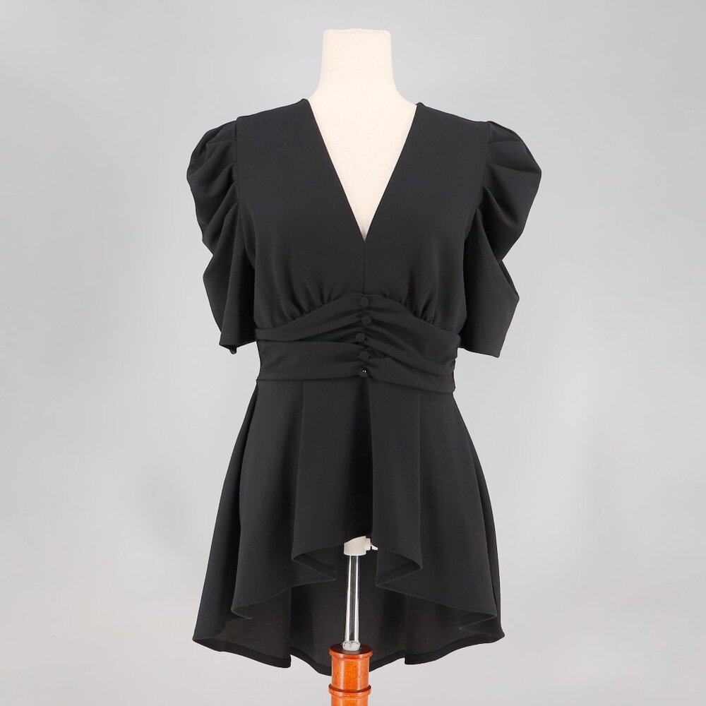 BOSTON PROPER Hi-Low Peplum Puff Sleeve Tunic Top Crepe Stretch Solid Black Sz M